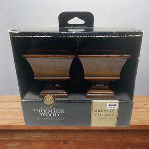 NEW Cambria Premier Wood Curtain Rod Finials Pair Estate Size Chocolate 73718